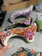 Hand-painted Walking Stick Cane - Chrysanthemum Flowers - Purple & Gold decoration, black shaft, classic Derby Handle