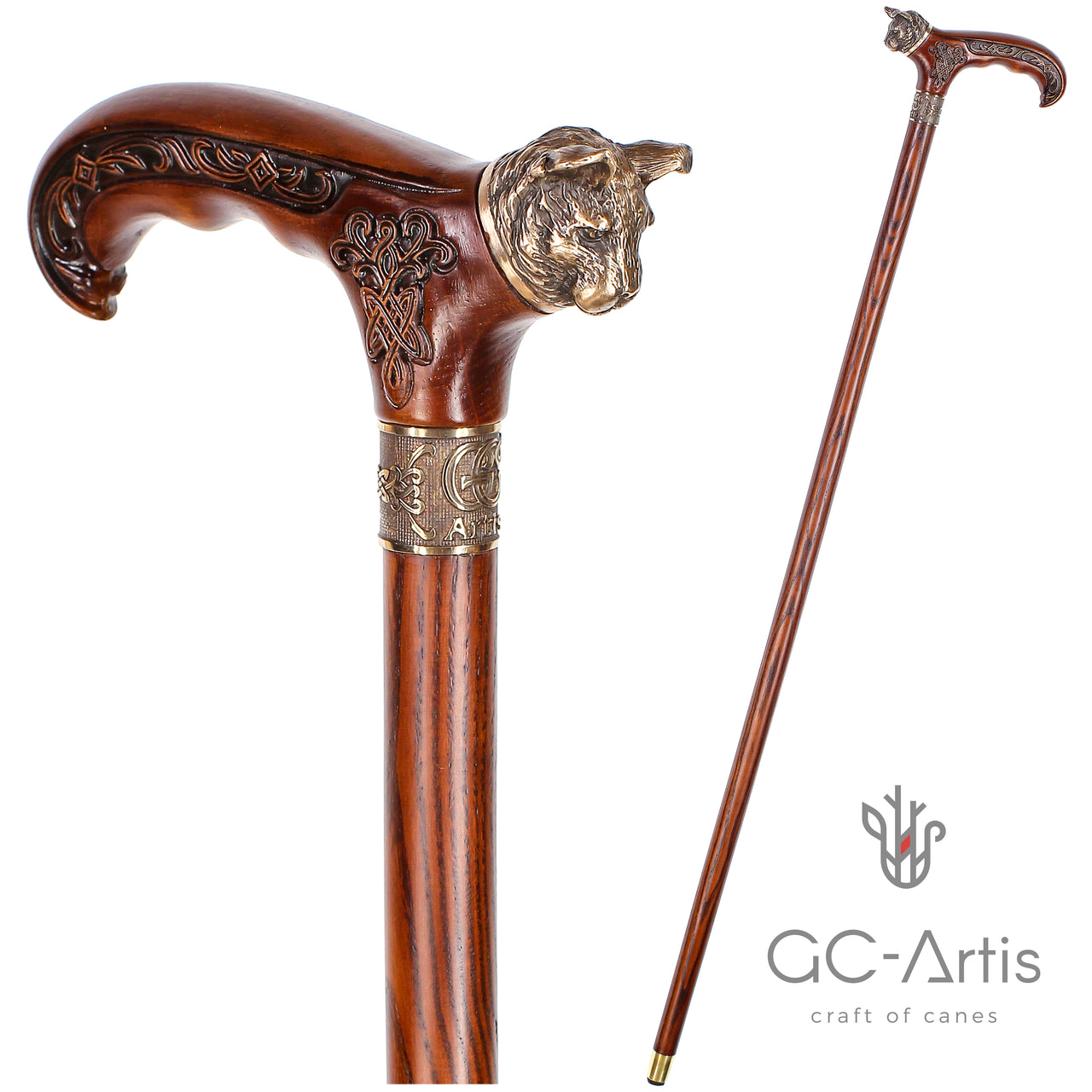 Wild Cat Gentleman Wooden Cane Walking Stick Bronze