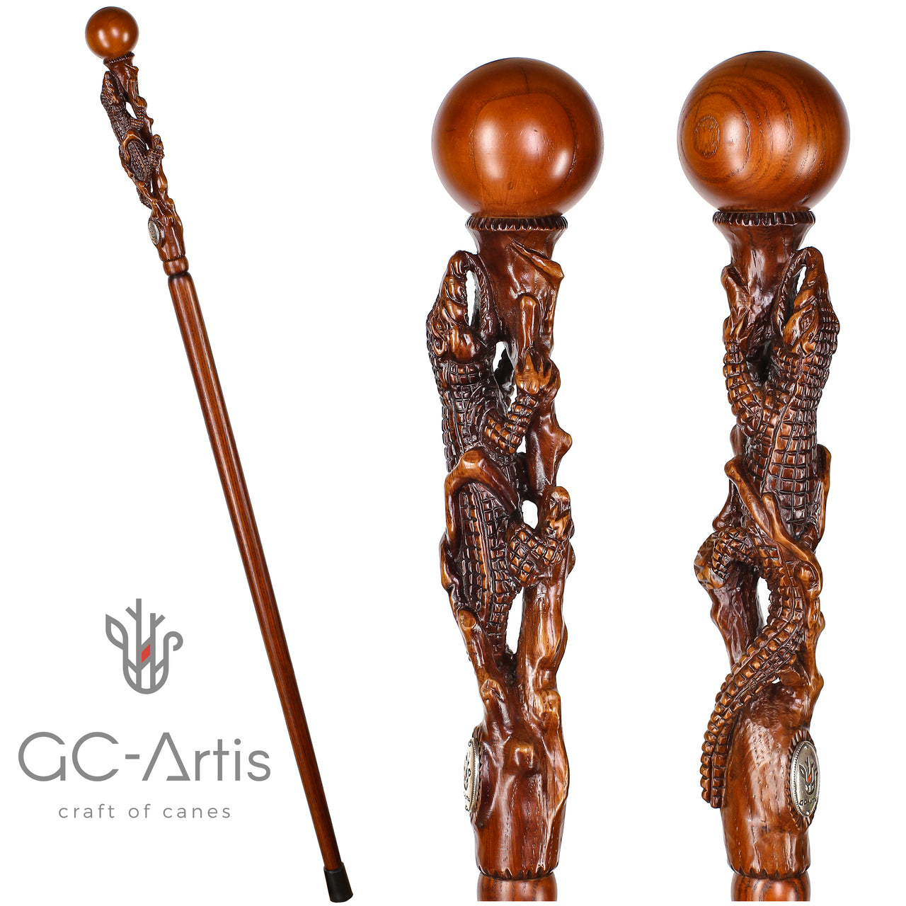 Crocodile Alligator Dark Wooden Walking Hiking Stick Cane Staff