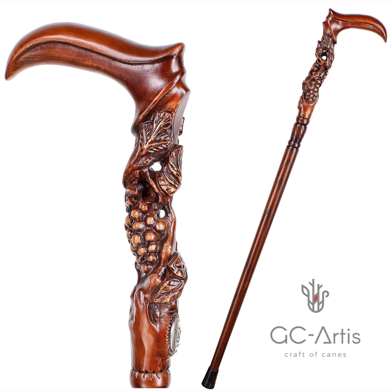 Grape & Vines Richly Engraved Wooden Walking Stick Cane