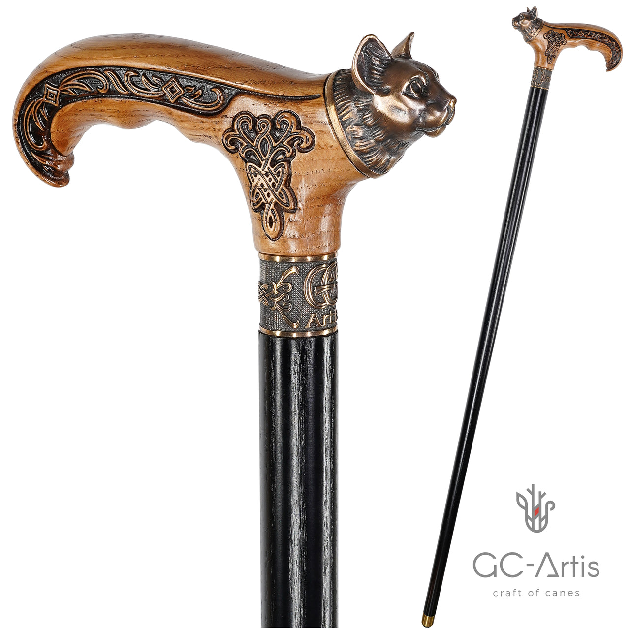 Kitty Bronze & Wood Walking Cane Stick