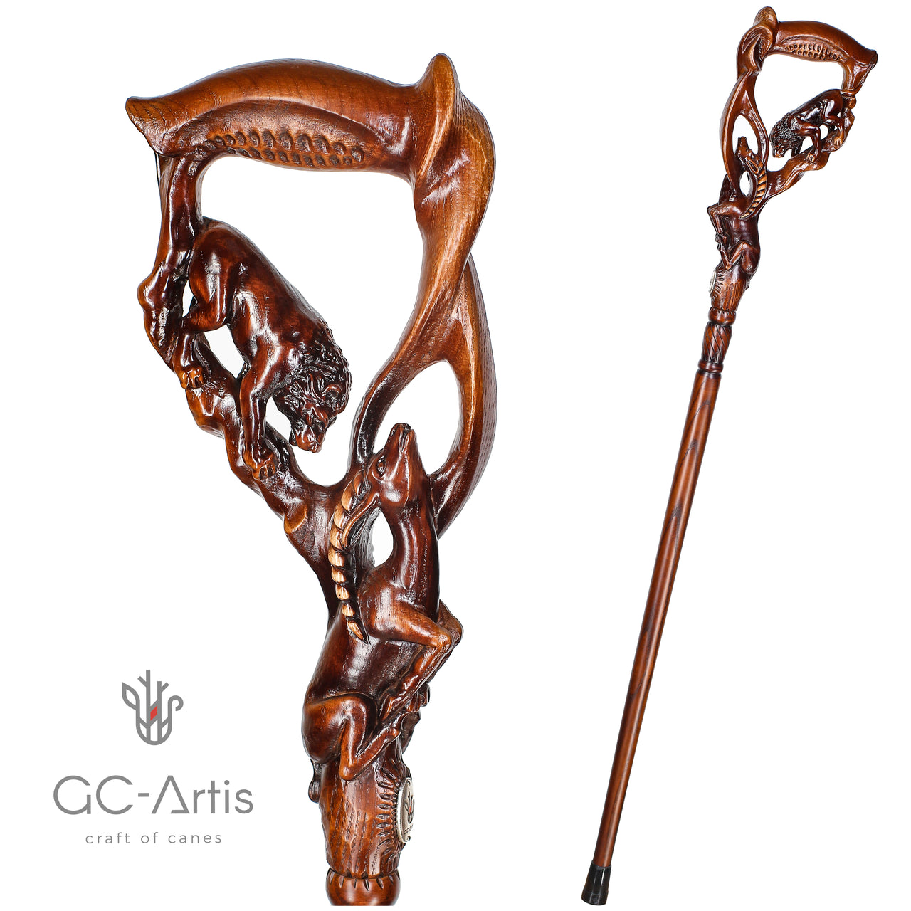 Wooden Cane Walking stick LION & IMPALA Dark