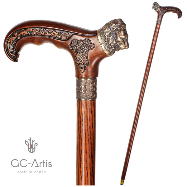 Lion Head - Walking Stick Cane Bronze & Wood