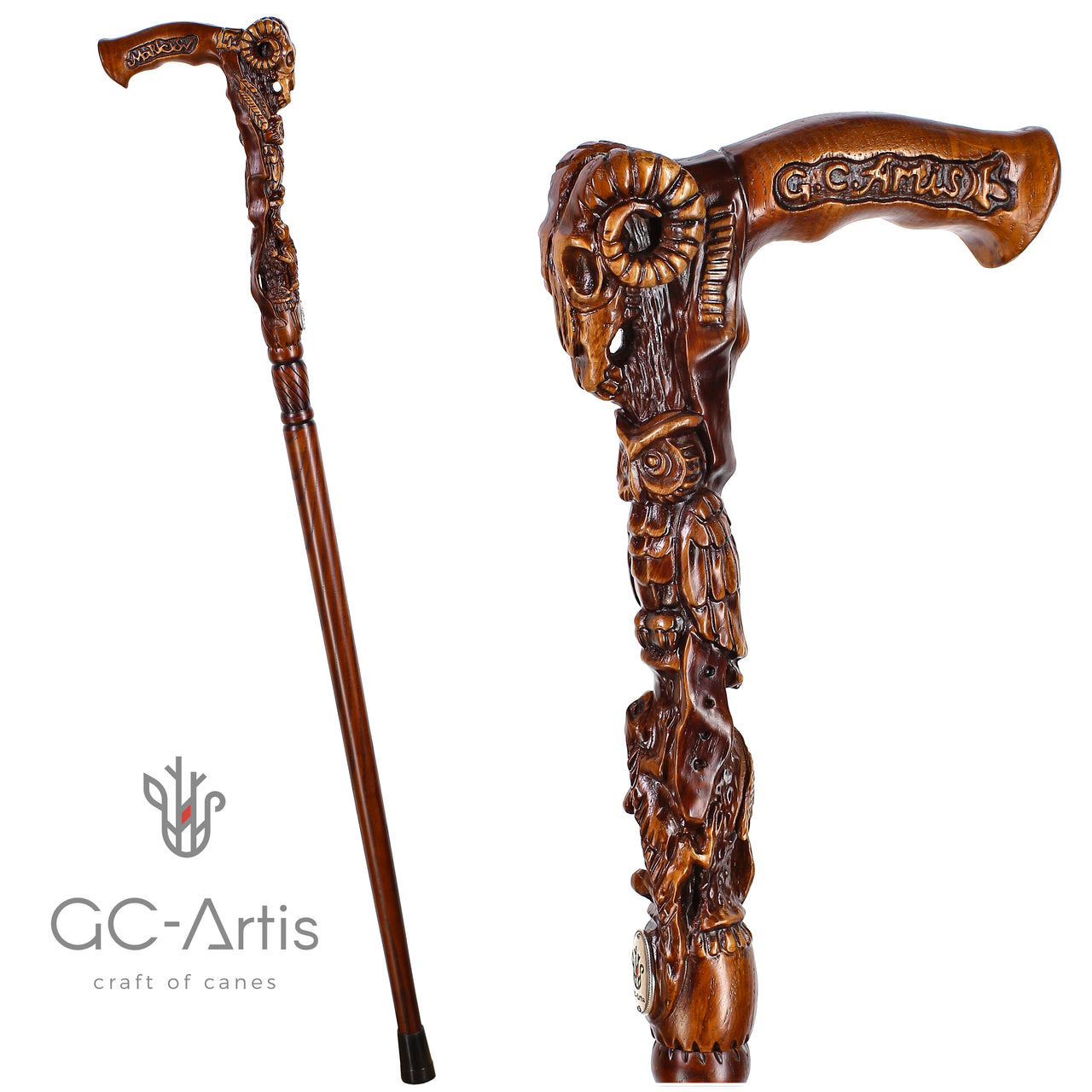 Wooden walking cane stick Ram Skull & Owl bird