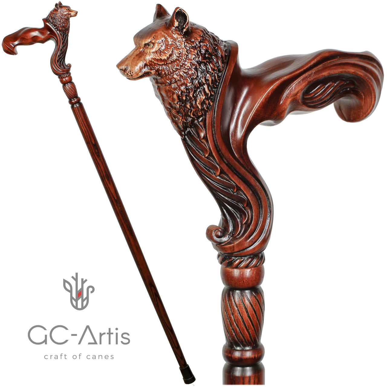 Wolf Wooden Walking Cane stick - Ergonomic Palm Grip Handle