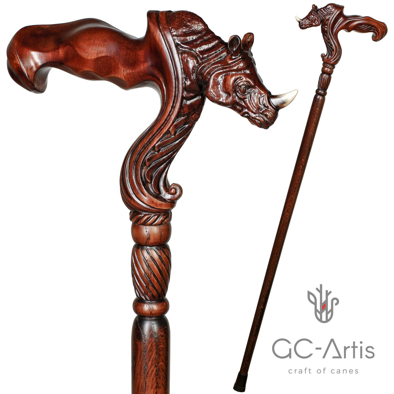 African Rhino Wooden Cane Walking Stick Ergonomic Handle - GC-Artis Walking Sticks Canes