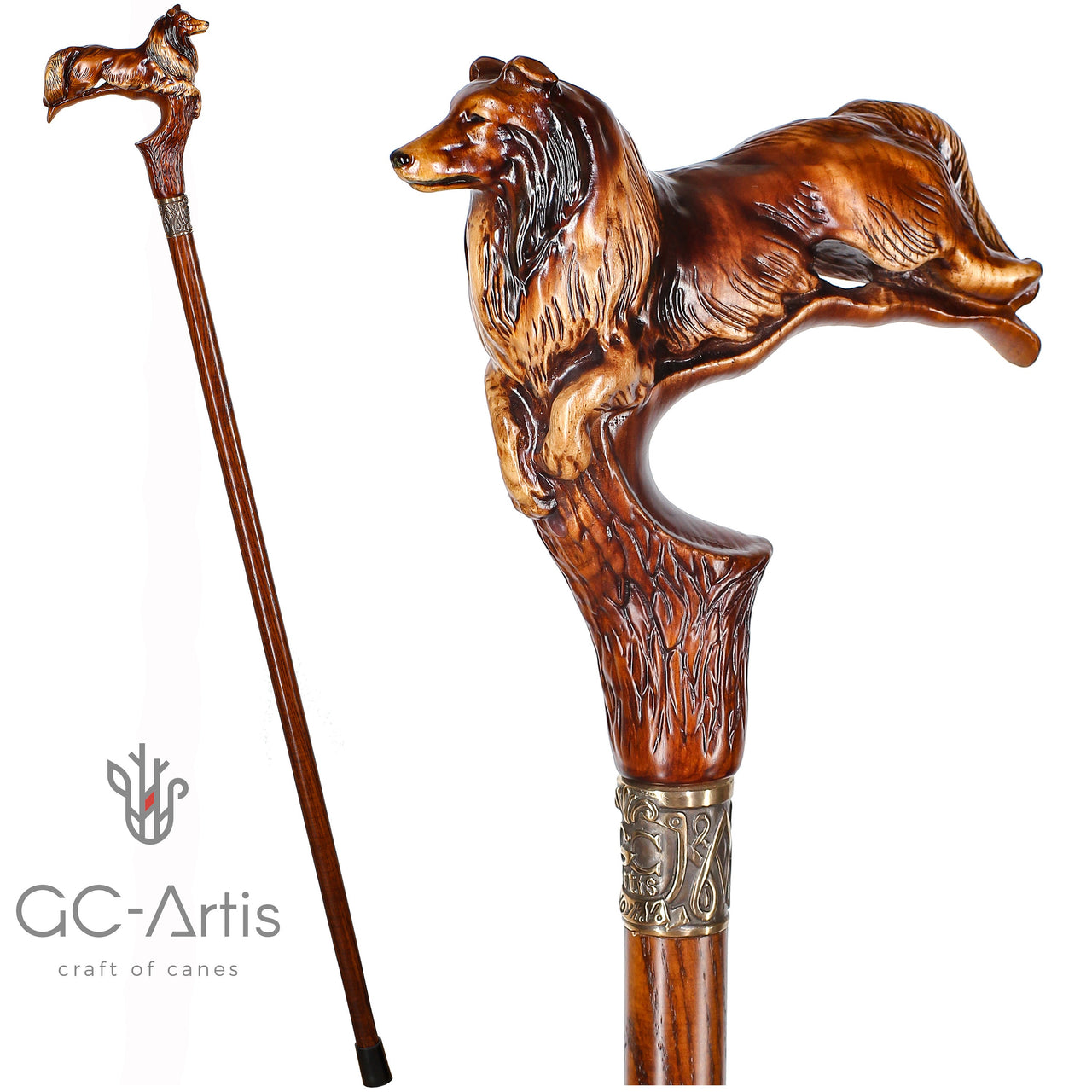 Wooden Cane Walking Stick Collie Dog 