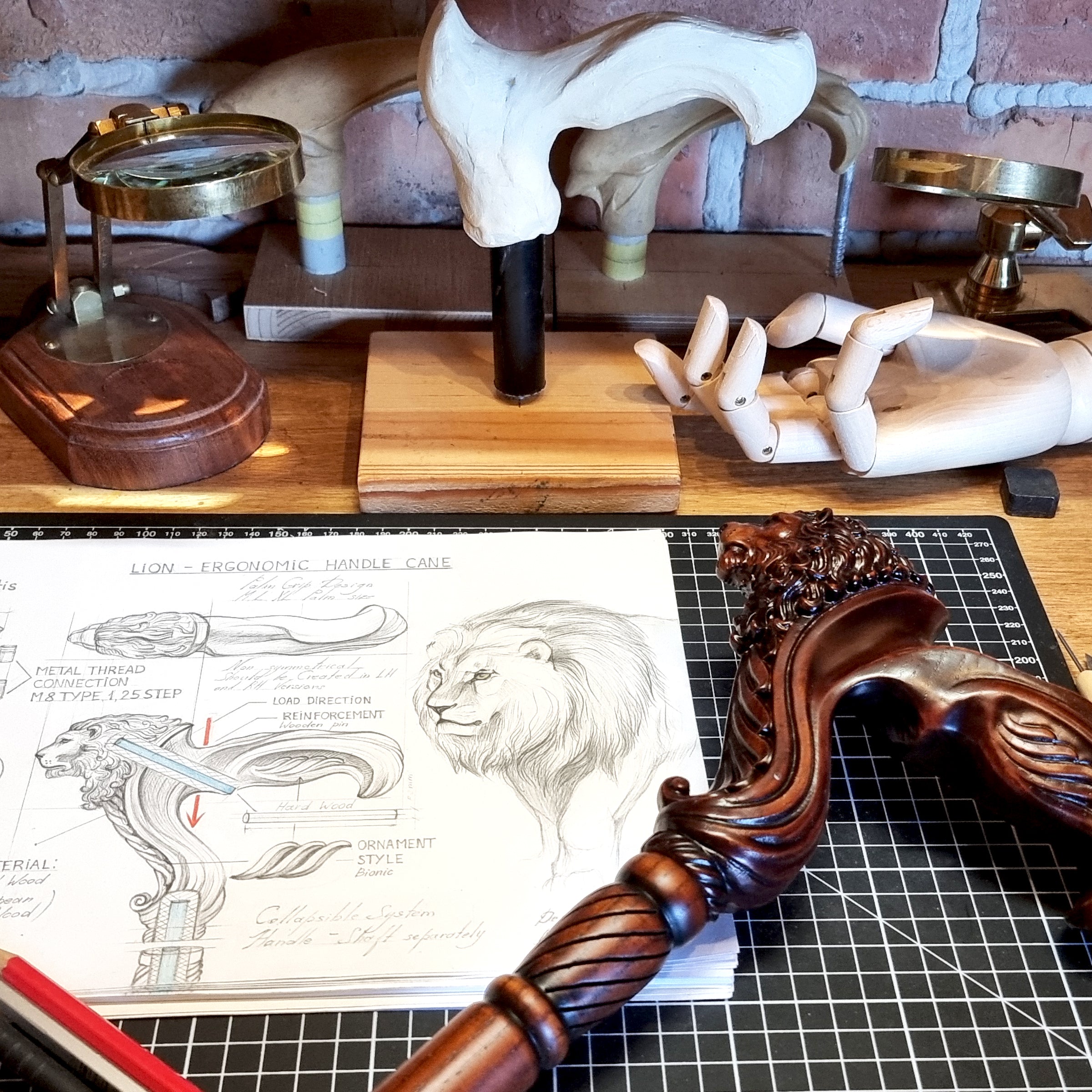 Wooden Walking Stick Cane Lion Head - Palm Grip Ergonomic Handle