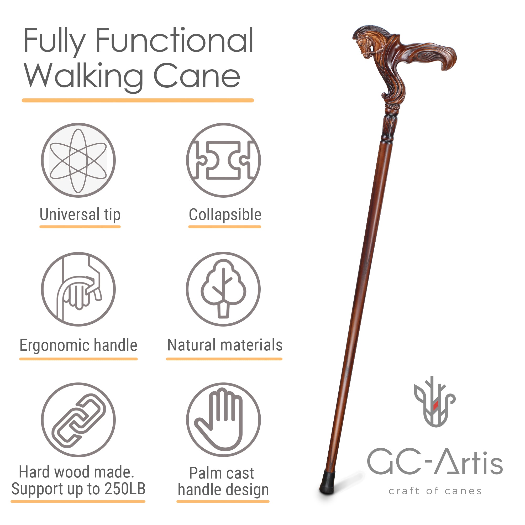 Ergonomic Palm Grip Handle Pegasus Horse Wooden Cane Walking Stick
