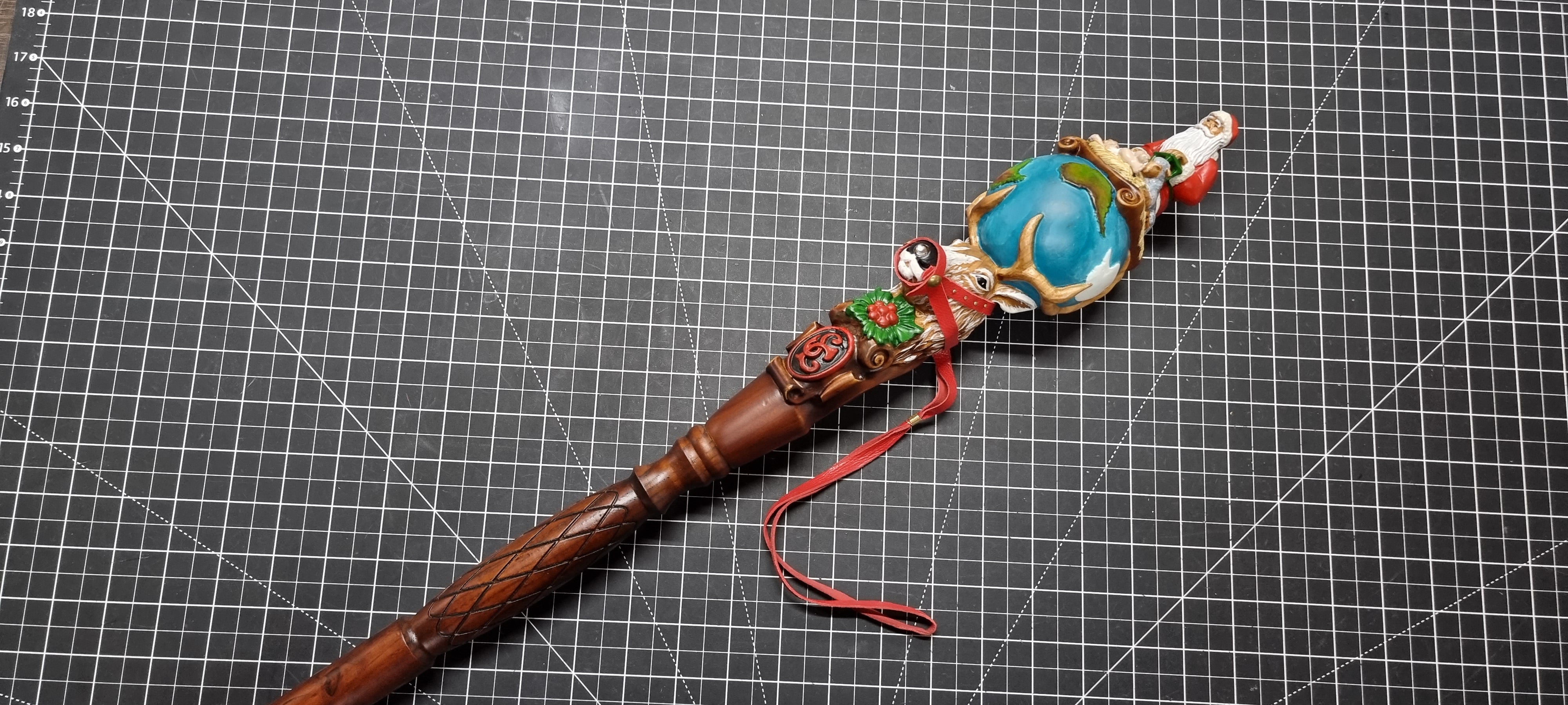 Wooden Walking Staff for Santa Claus wood carved with Reindeer Rudolph and baby Jesus