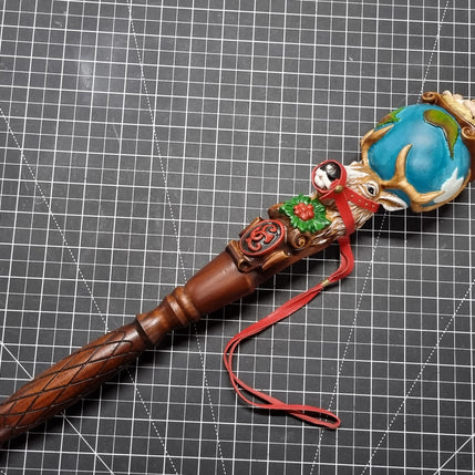 Wooden Walking Staff for Santa Claus wood carved with Reindeer Rudolph and baby Jesus