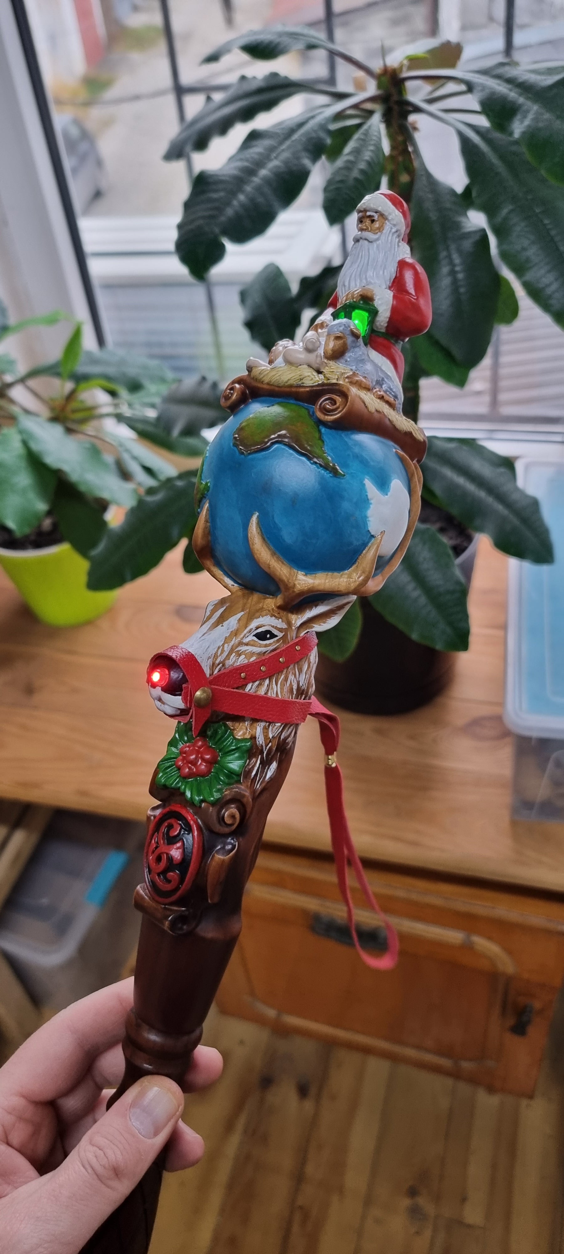 Wooden Walking Staff for Santa Claus wood carved with Reindeer Rudolph and baby Jesus