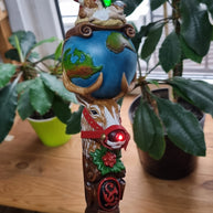 Wooden Walking Staff for Santa Claus wood carved with Reindeer Rudolph and baby Jesus