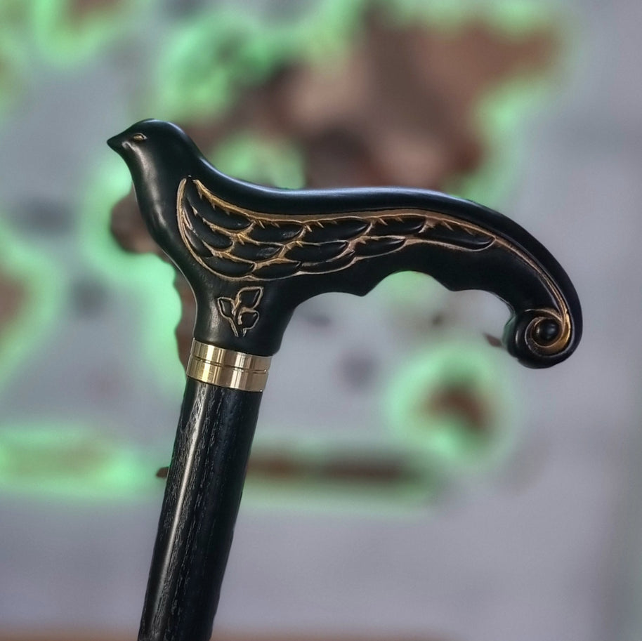 Canne de marche élégante en bois noir motif Hirondelle