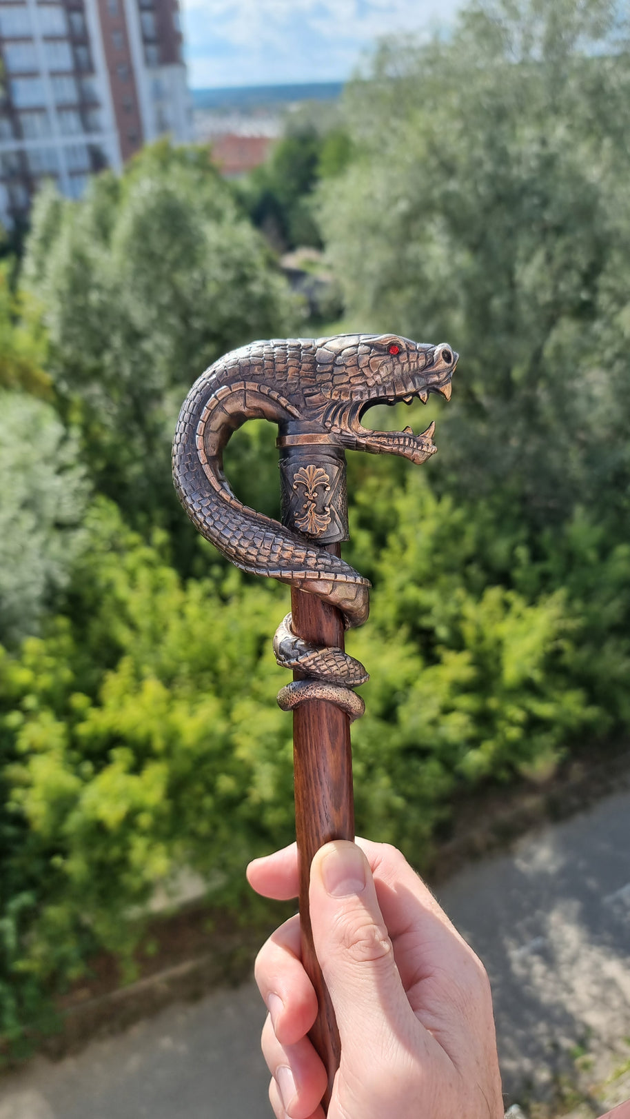 Bâton de marche Dragon Serpent de collection en bronze, canne en laiton coulé artisanal