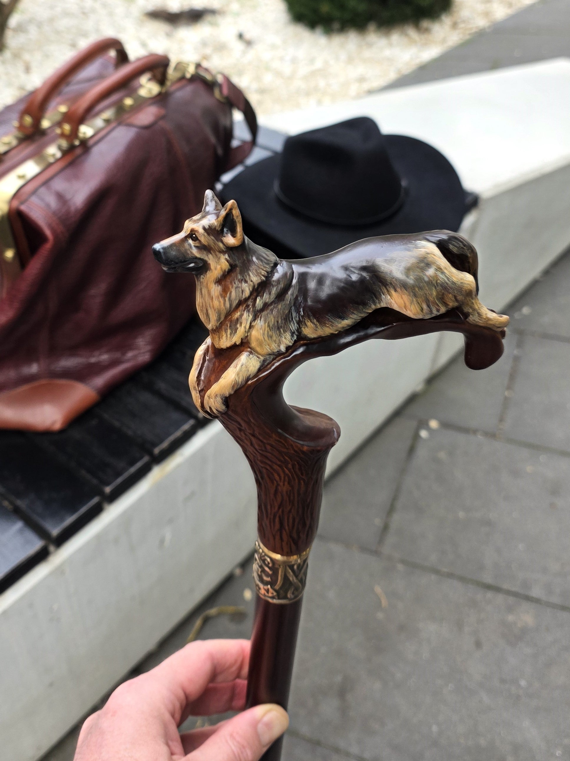 Hand-painted Wooden Walking Stick Cane German Shepherd Dog