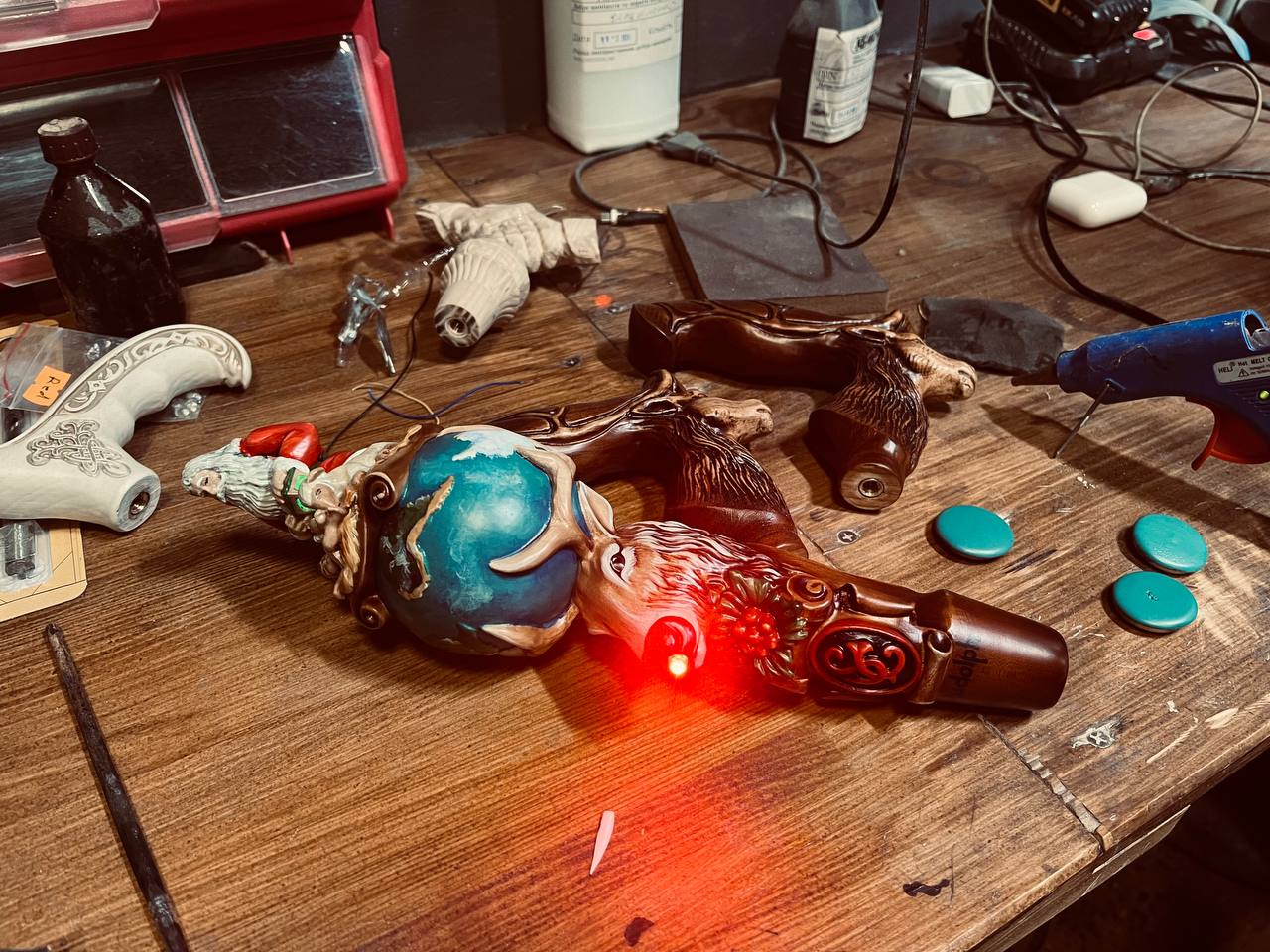 Wooden Walking Staff for Santa Claus wood carved with Reindeer Rudolph and baby Jesus