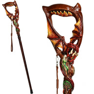 Hand Carved Wooden Walking Cane – Red Winged Dragon