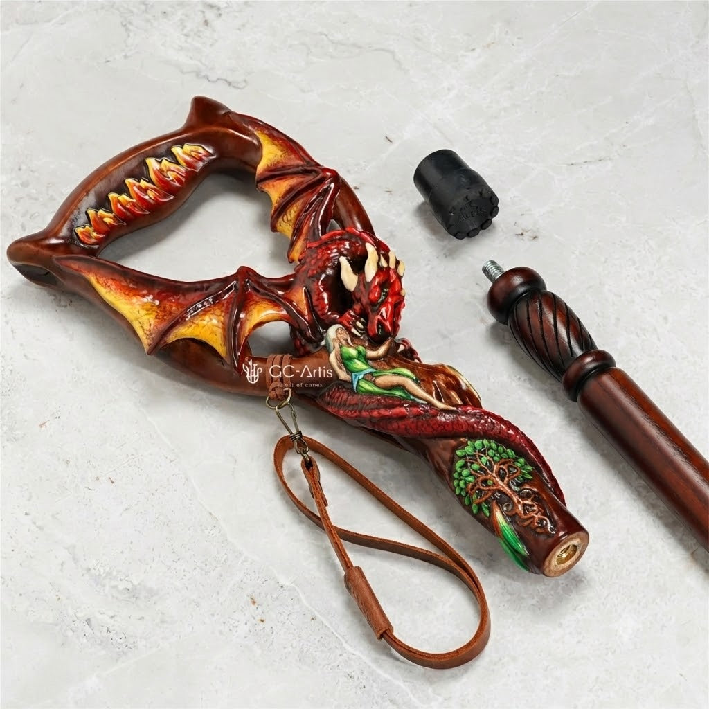 Hand Carved Wooden Walking Cane – Red Winged Dragon