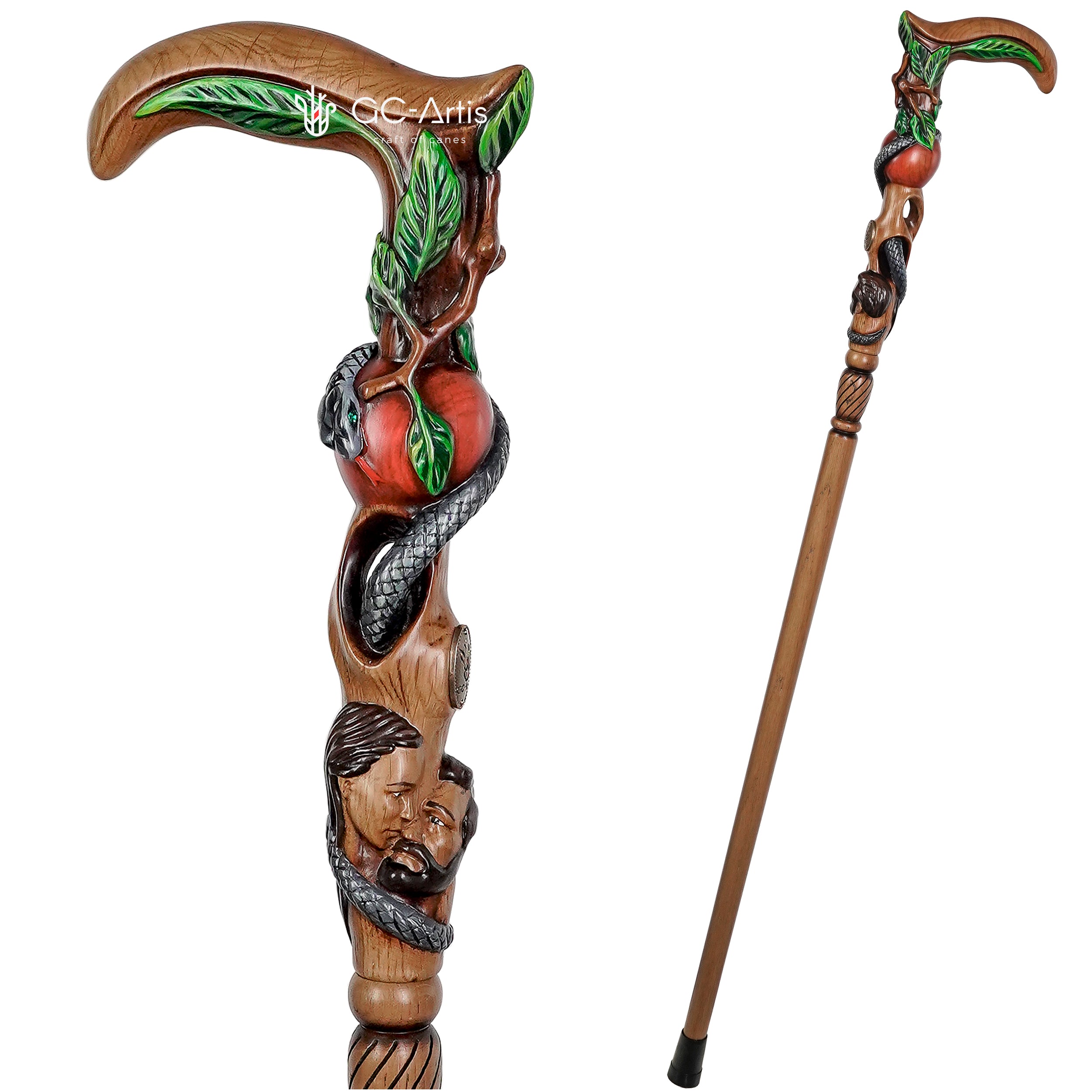 Adam & Eve Hanpainted Light Wood Walking cane Religion Style