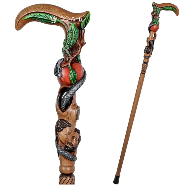 Adam & Eve Hanpainted Light Wood Walking cane Religion Style