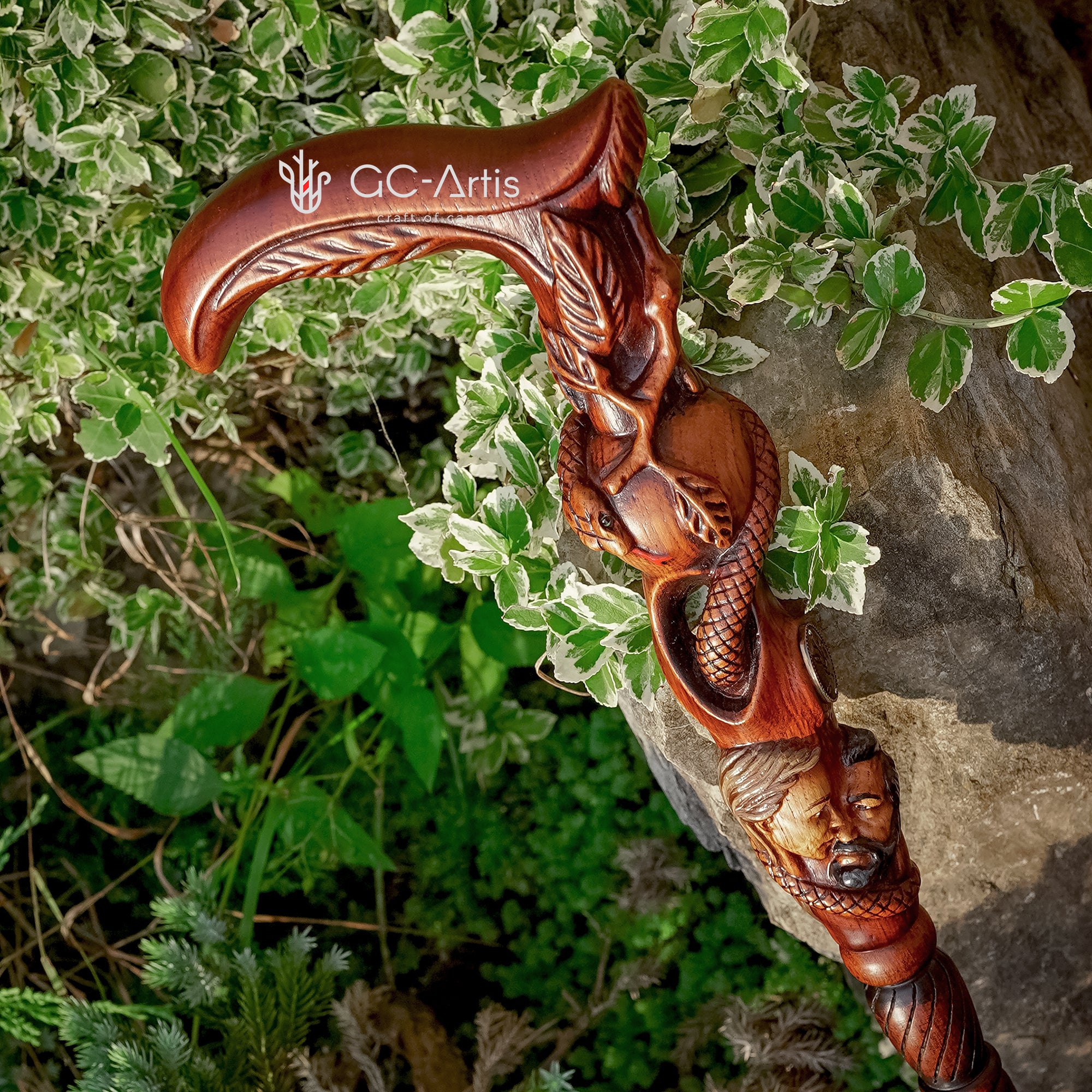 Adam & Eve Walking cane Paradise Apple & Snake Bible plot, Christian