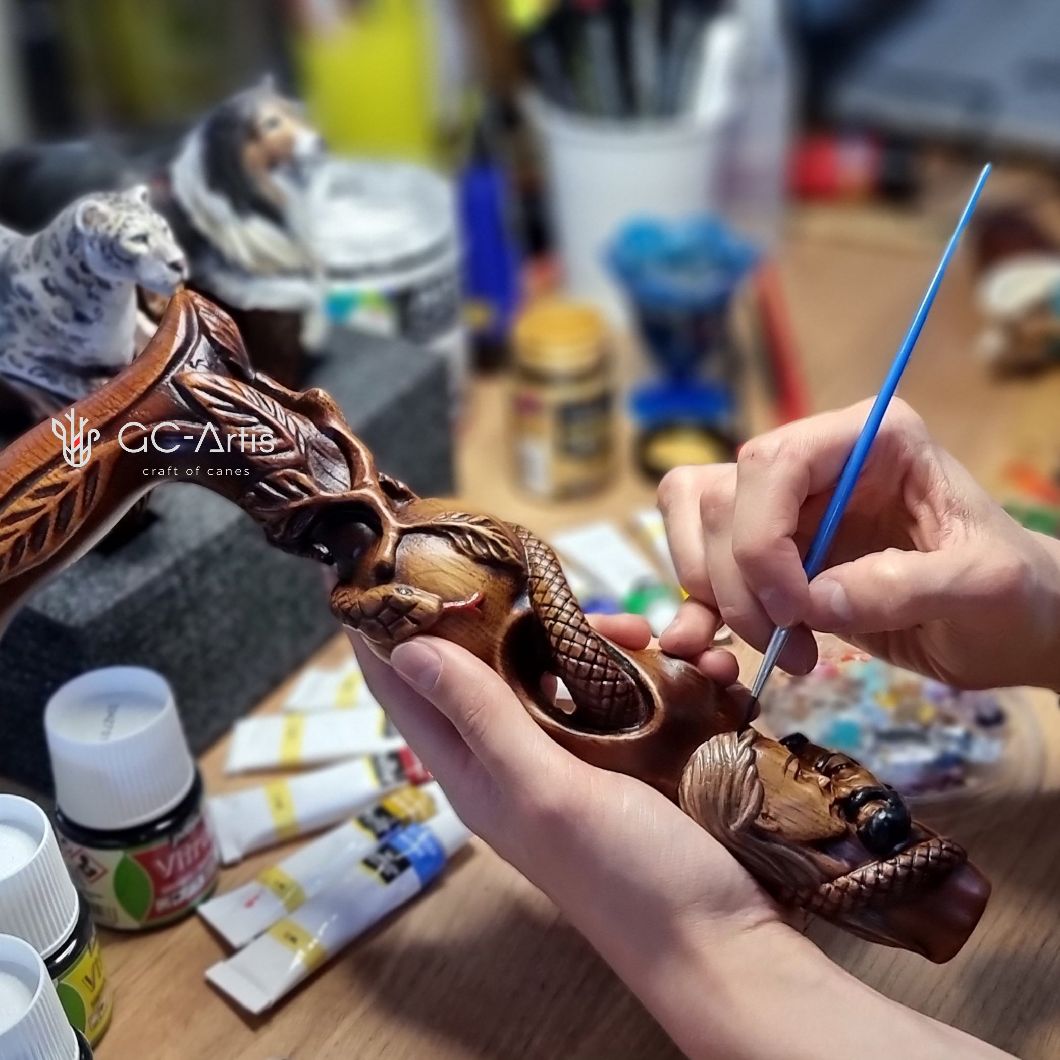 Adam & Eve Walking cane Paradise Apple & Snake Bible plot, Christian