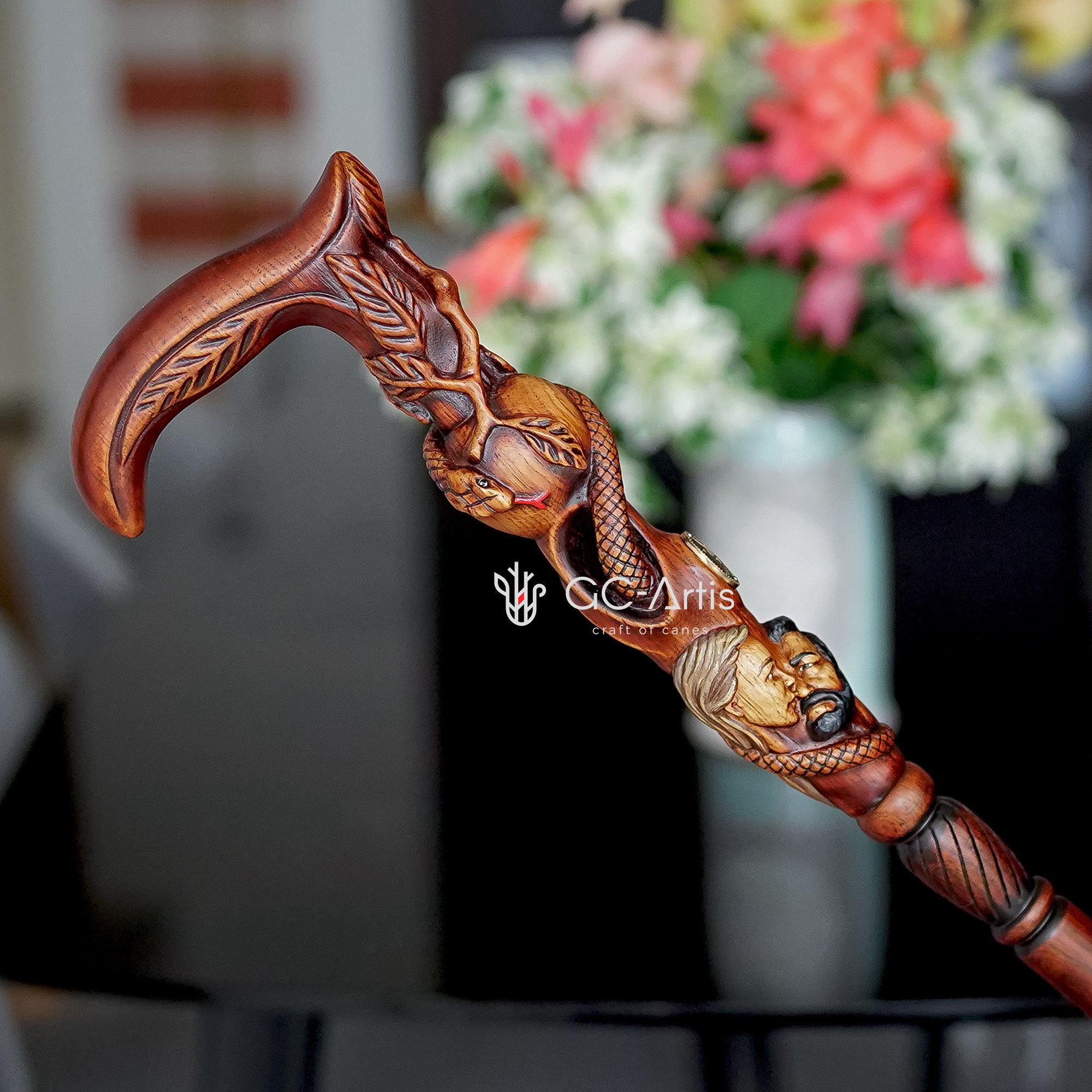 Adam & Eve Walking cane Paradise Apple & Snake Bible plot, Christian