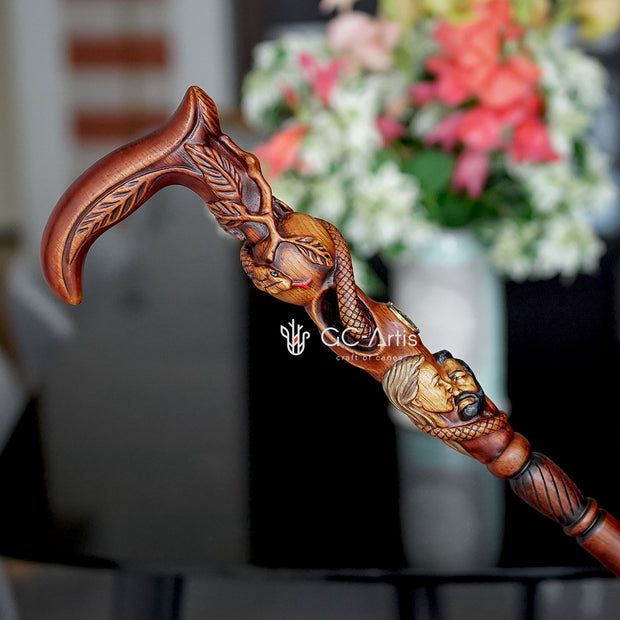Adam & Eve Walking cane Paradise Apple & Snake Bible plot, Christian