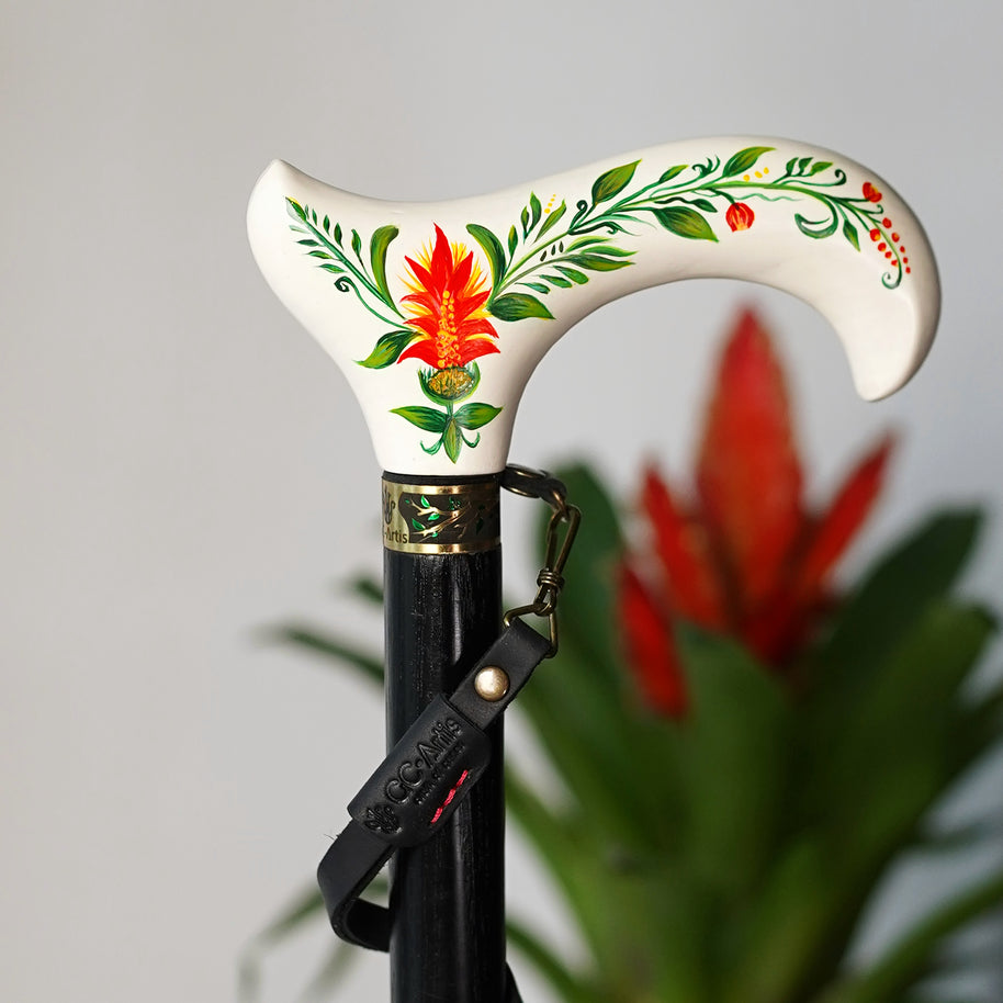 Canne de marche en bois Derby peinte à la main en blanc, motif floral