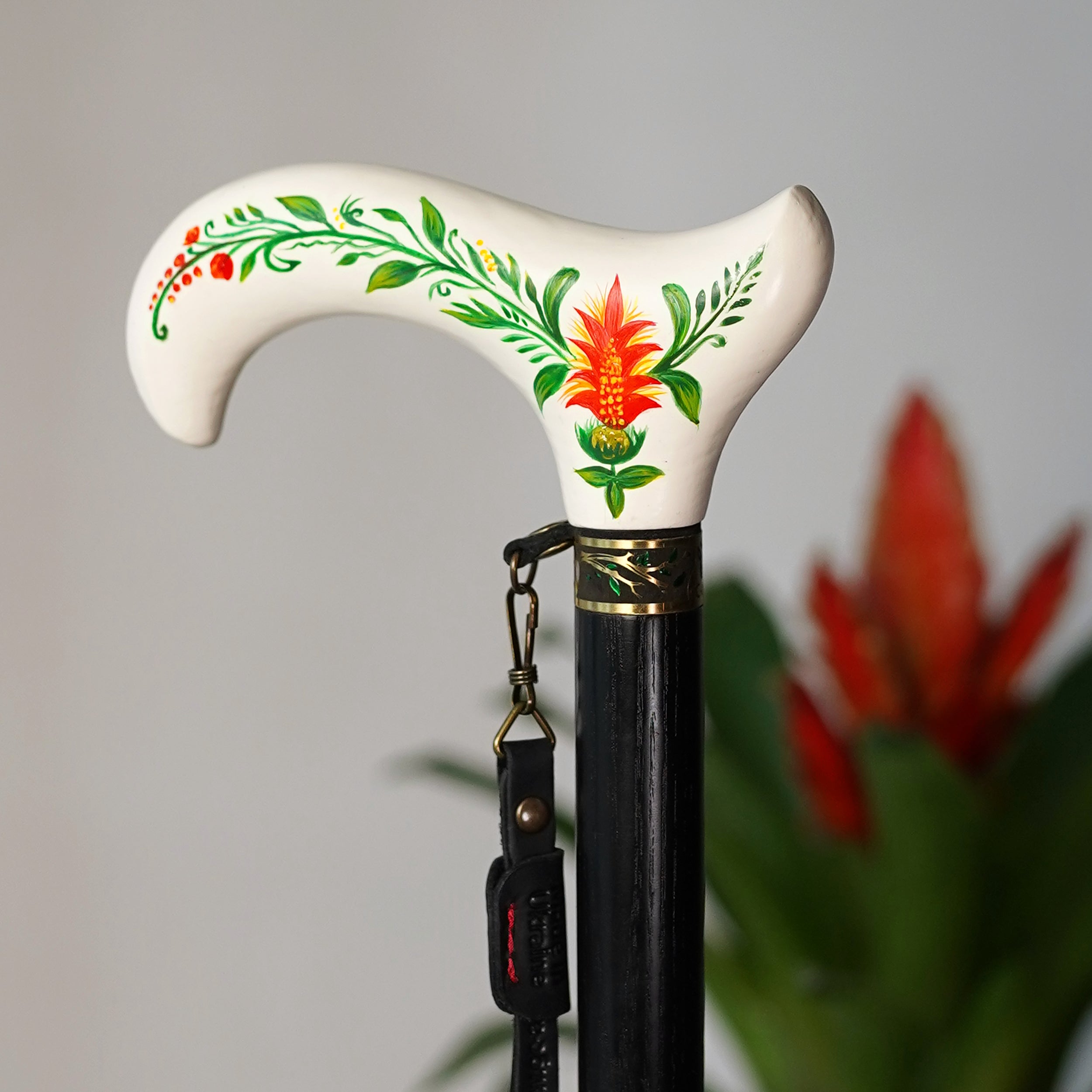 White Hand Painted Derby Wooden Walking Stick Cane Artist fill Flowers