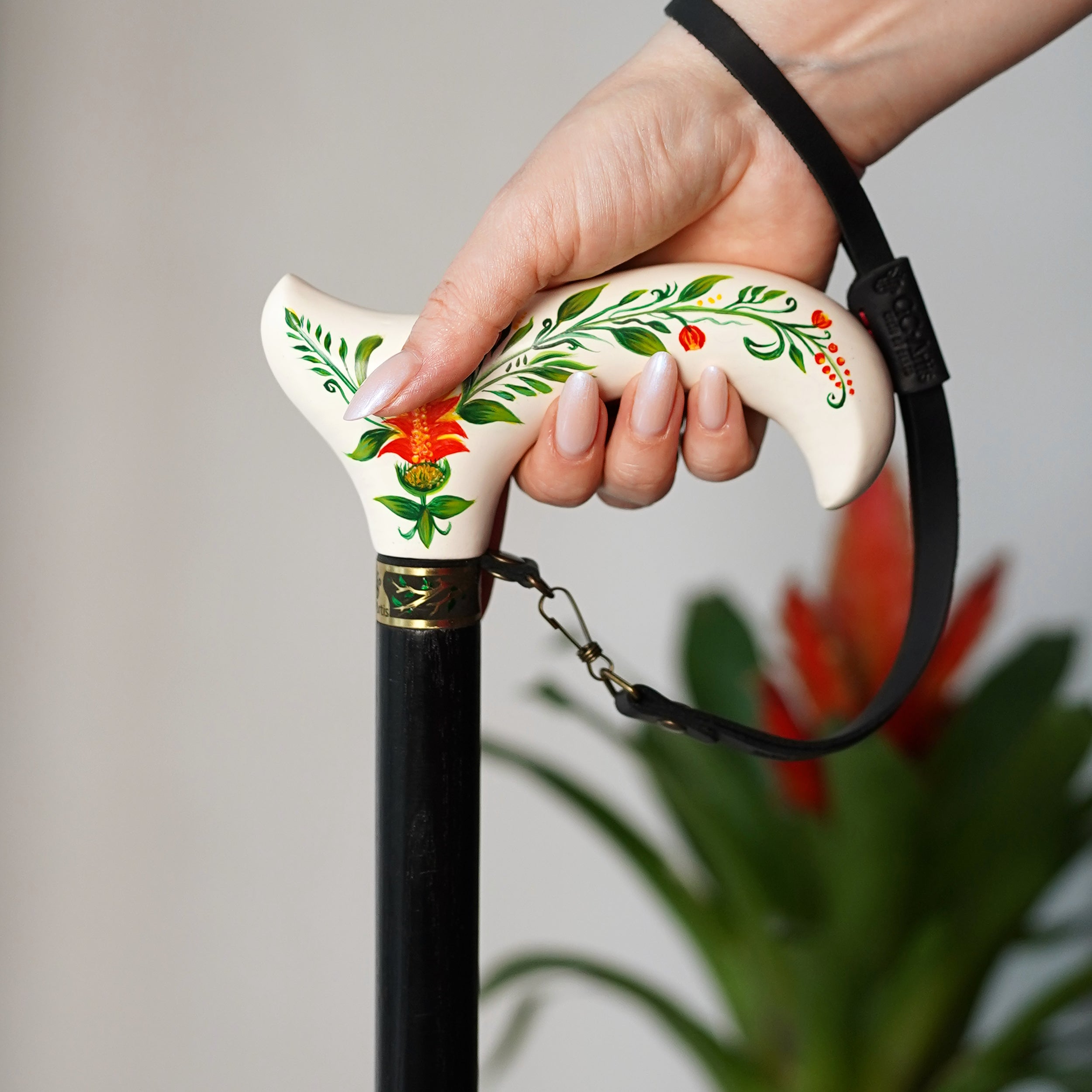 White Hand Painted Derby Wooden Walking Stick Cane Artist fill Flowers