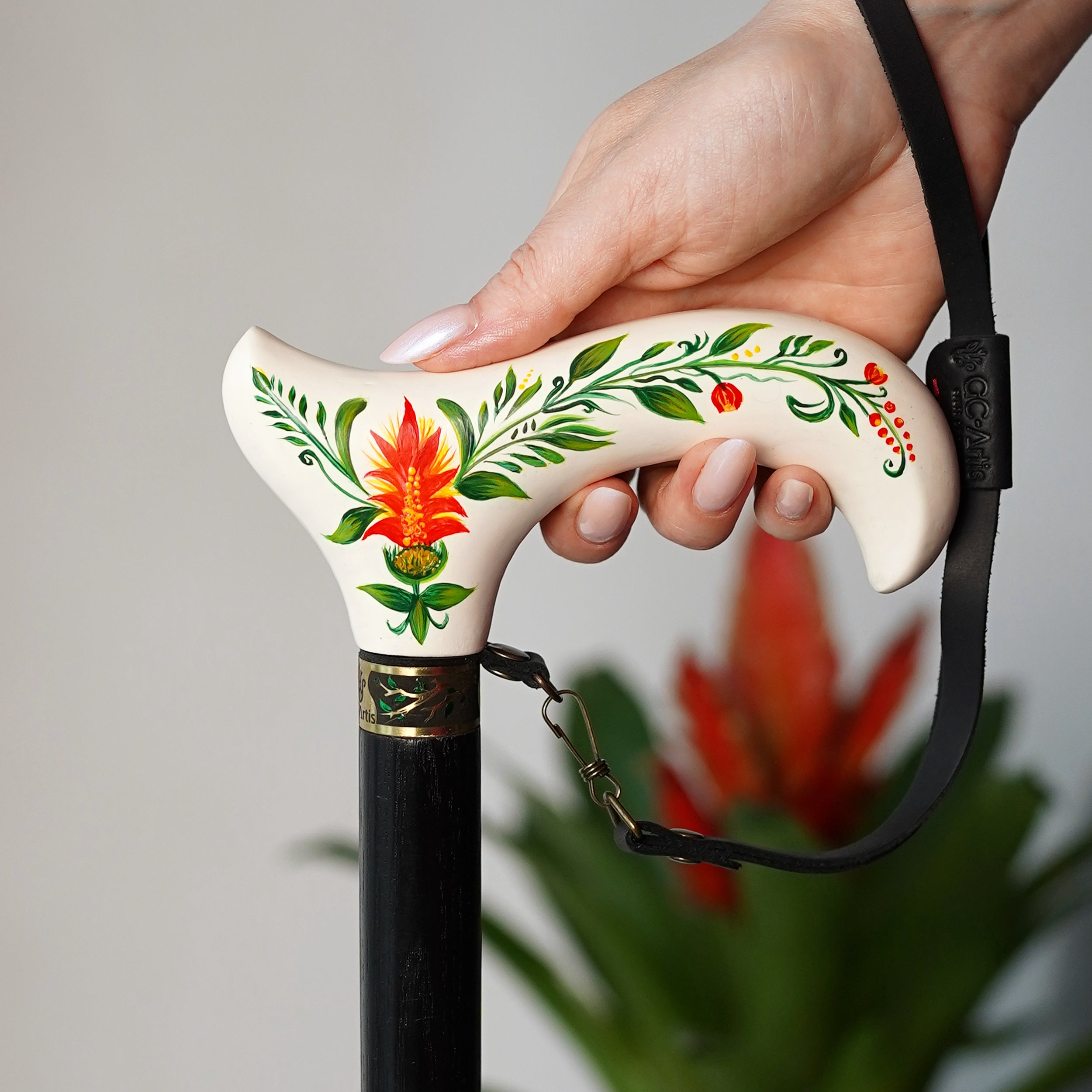 White Hand Painted Derby Wooden Walking Stick Cane Artist fill Flowers
