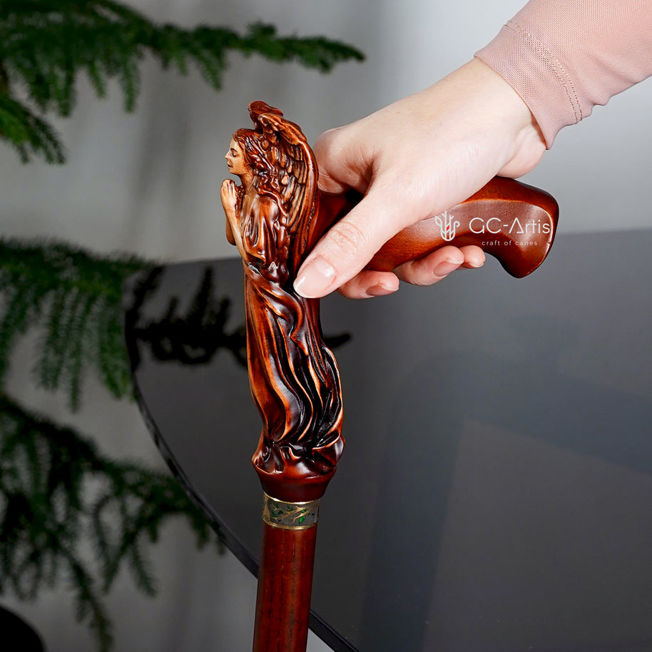 Canne de marche en bois pour femme Ange en prière
