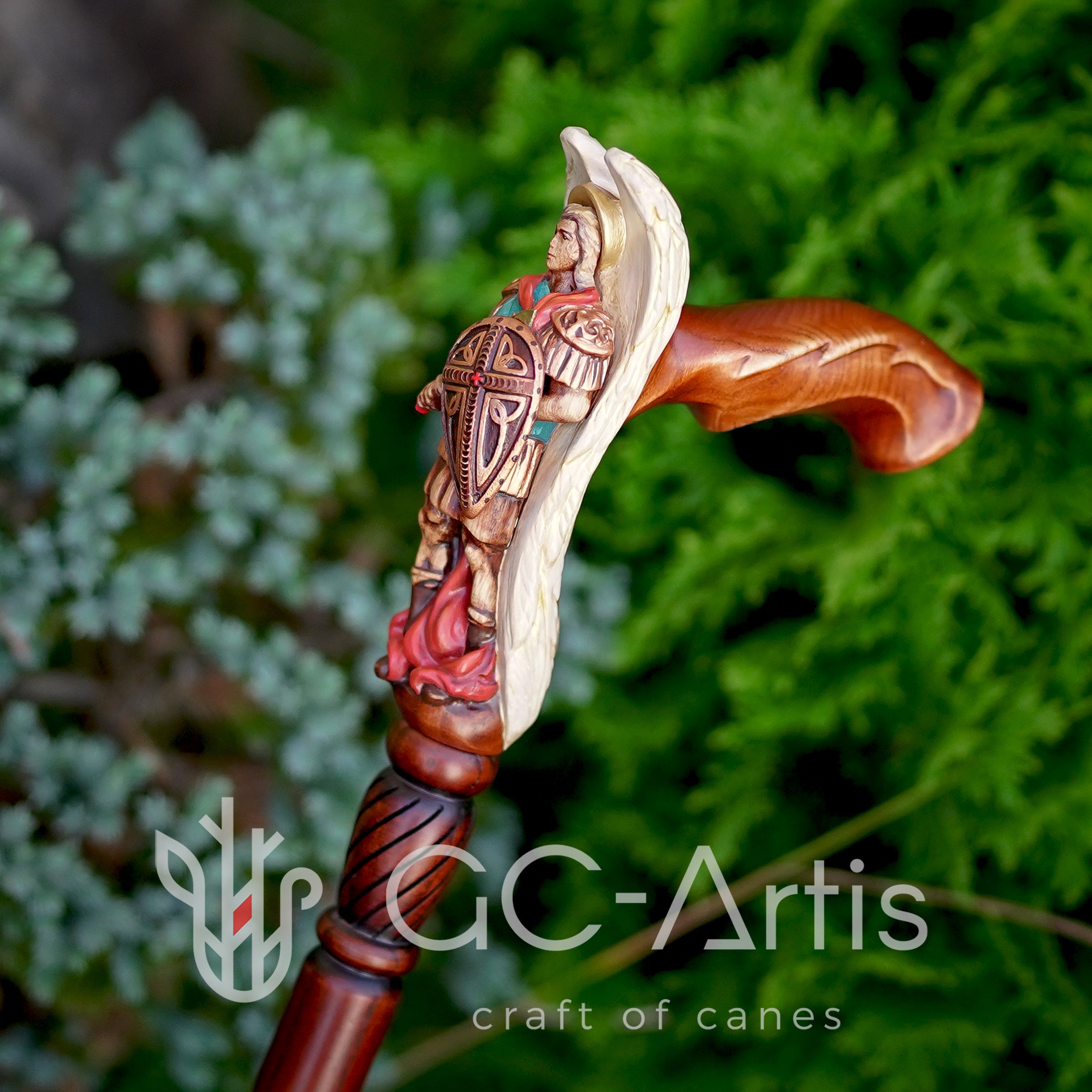 Hand painted Wooden Walking Stick Cane Saint Archangel Michael