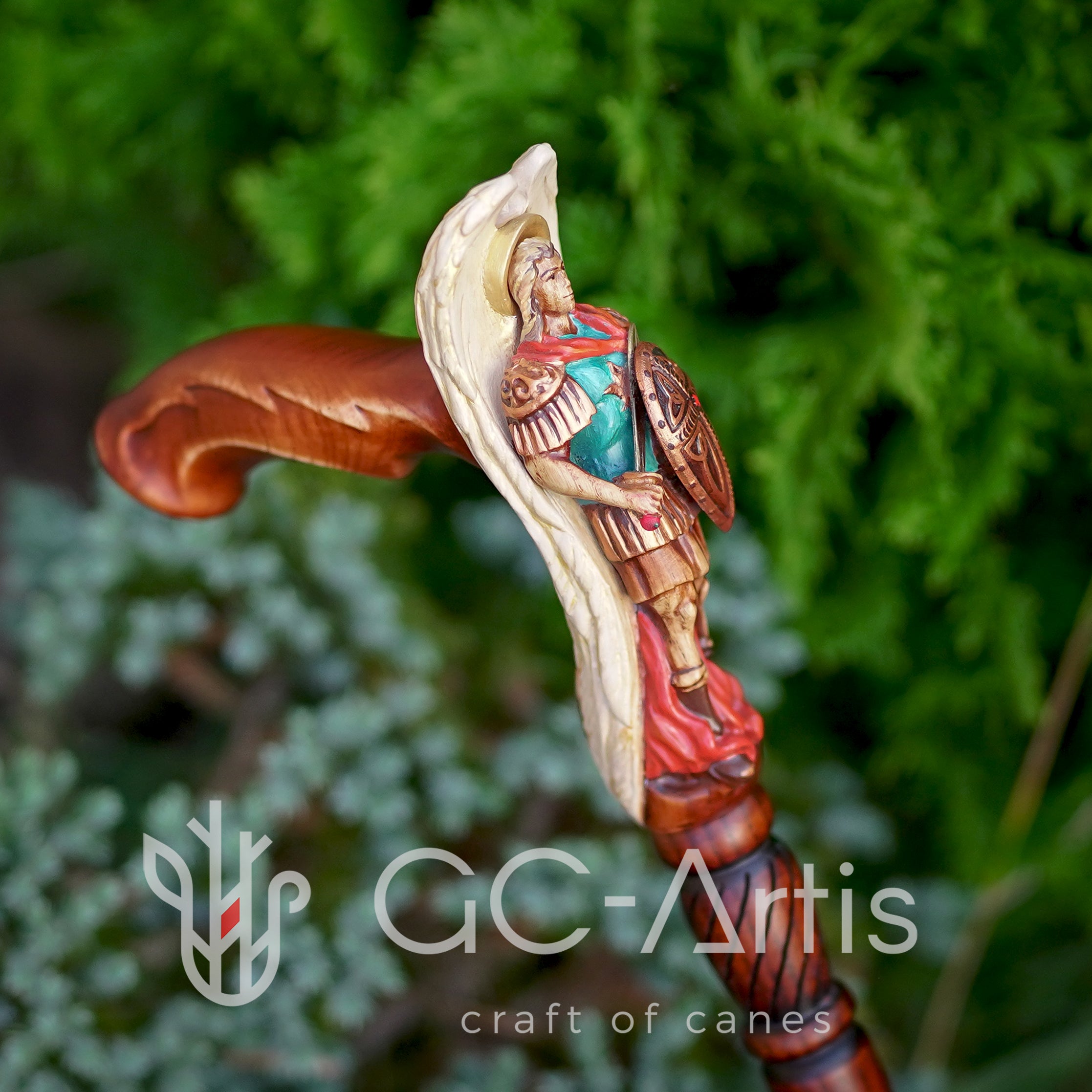 Hand painted Wooden Walking Stick Cane Saint Archangel Michael