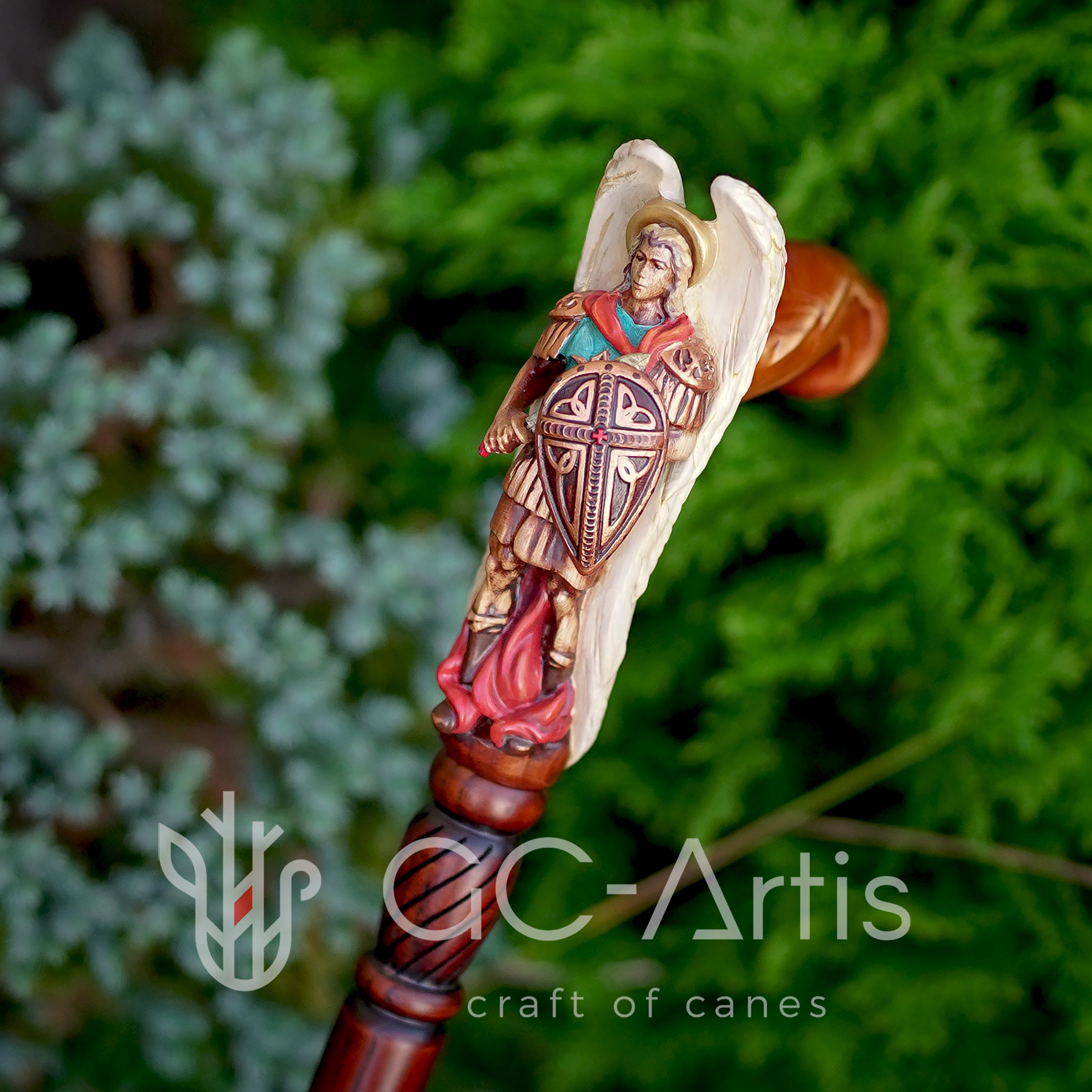 Hand painted Wooden Walking Stick Cane Saint Archangel Michael