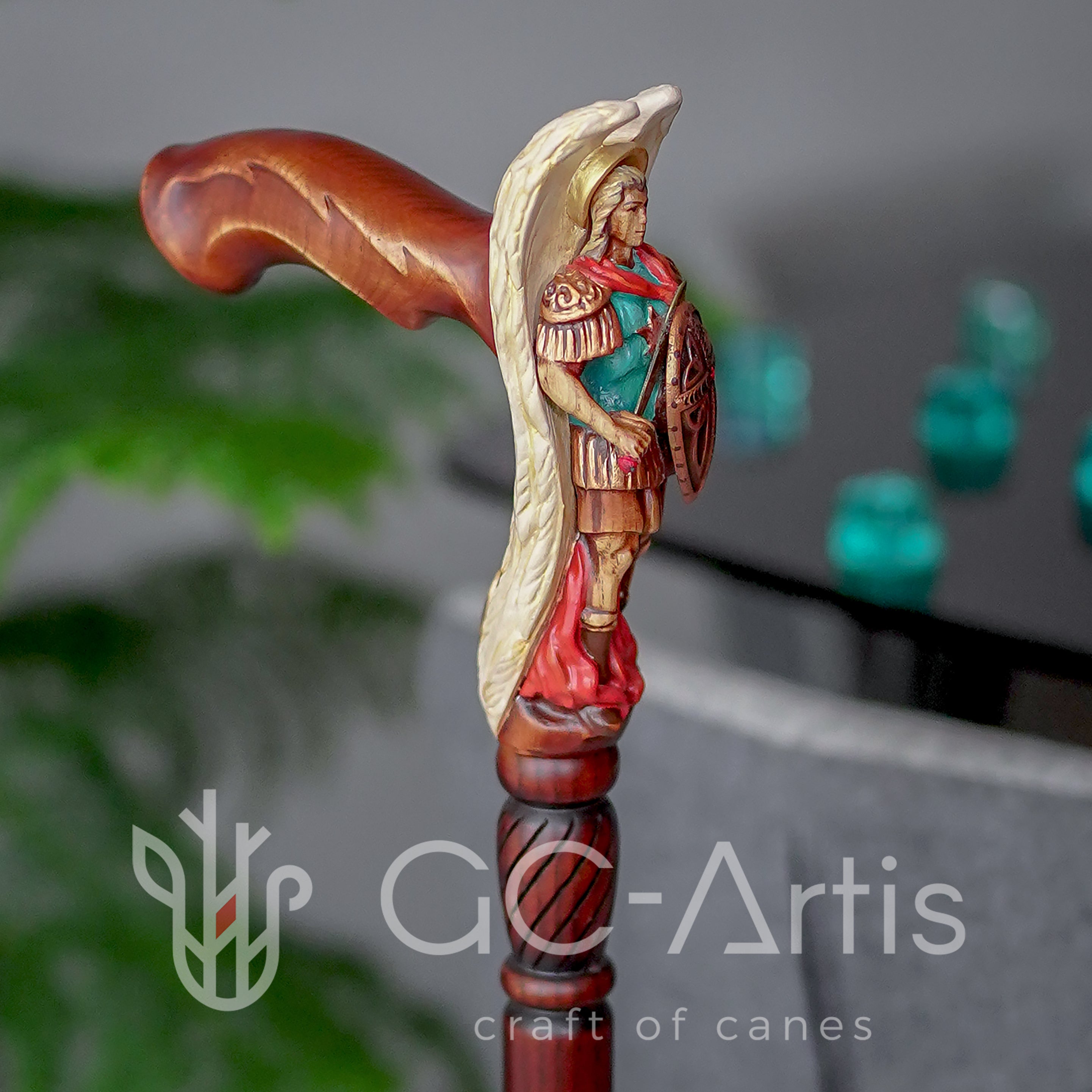 Hand painted Wooden Walking Stick Cane Saint Archangel Michael