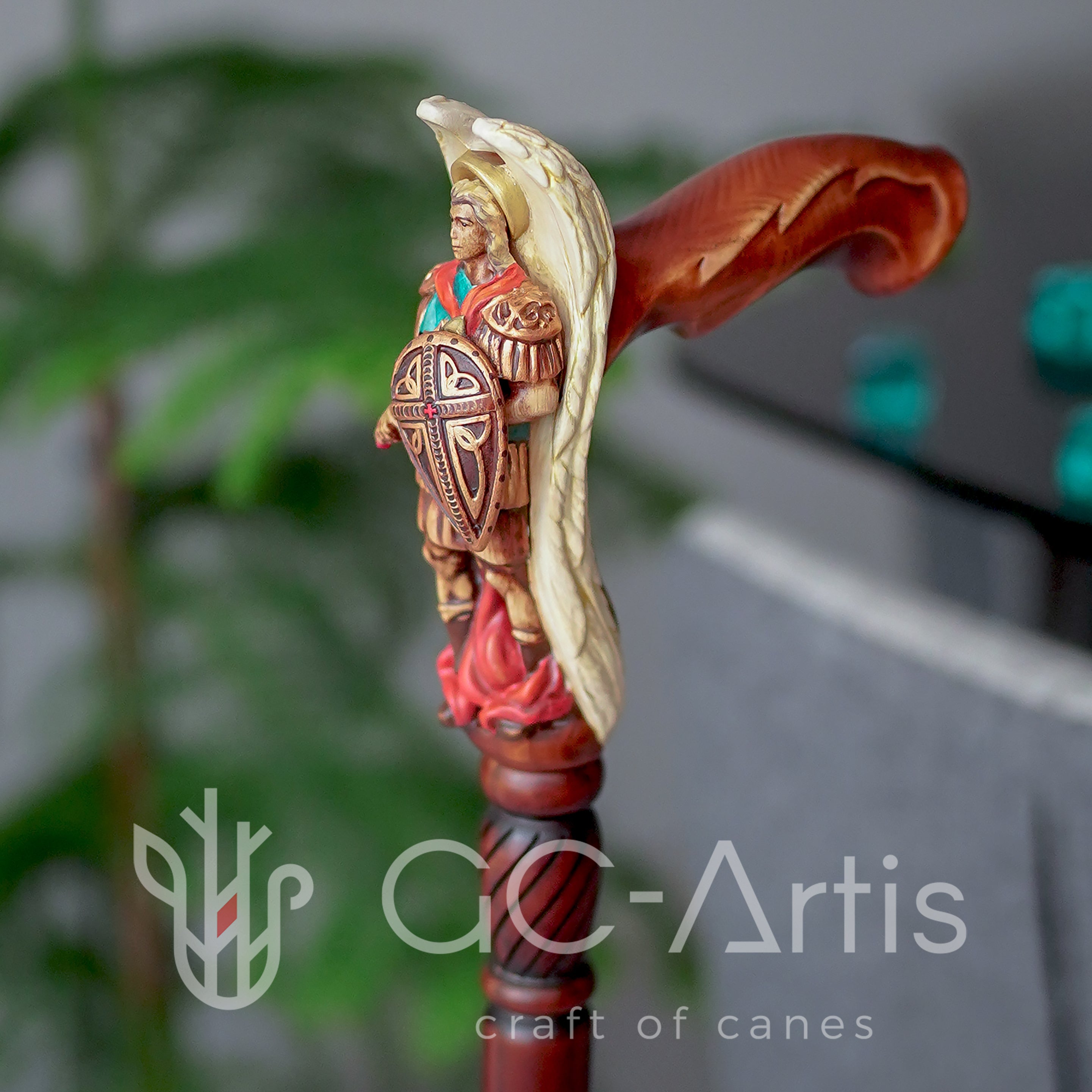 Hand painted Wooden Walking Stick Cane Saint Archangel Michael