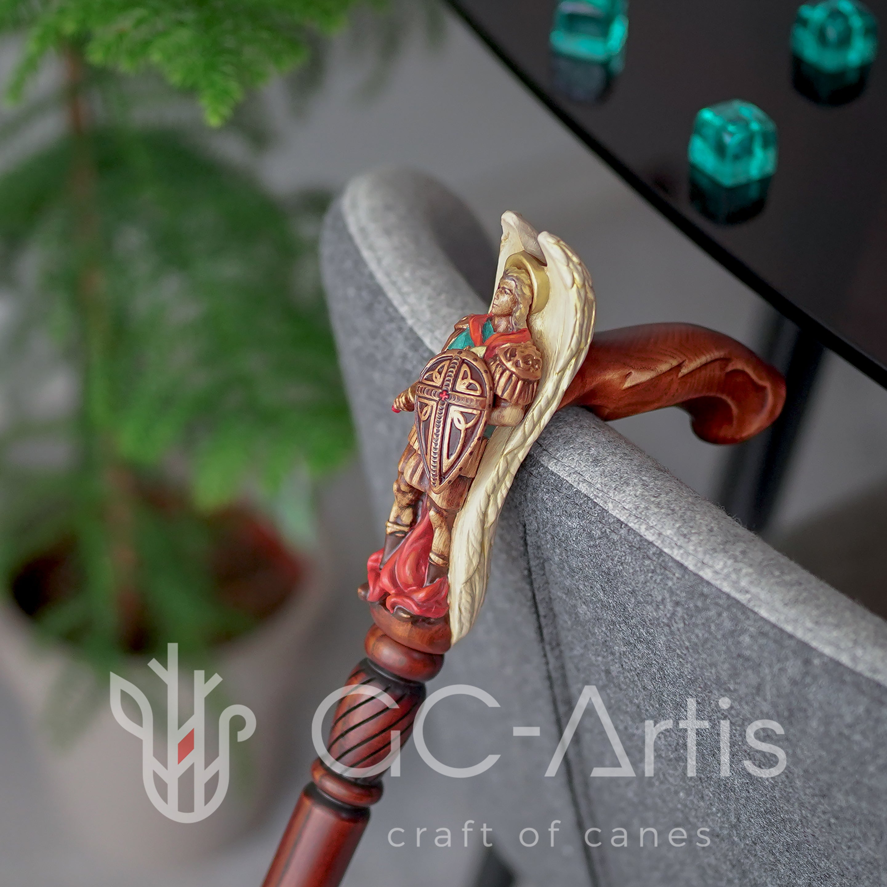 Hand painted Wooden Walking Stick Cane Saint Archangel Michael