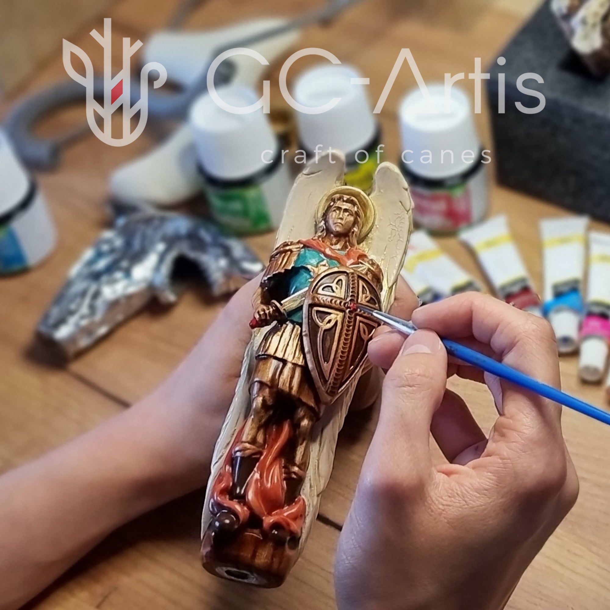 Hand painted Wooden Walking Stick Cane Saint Archangel Michael