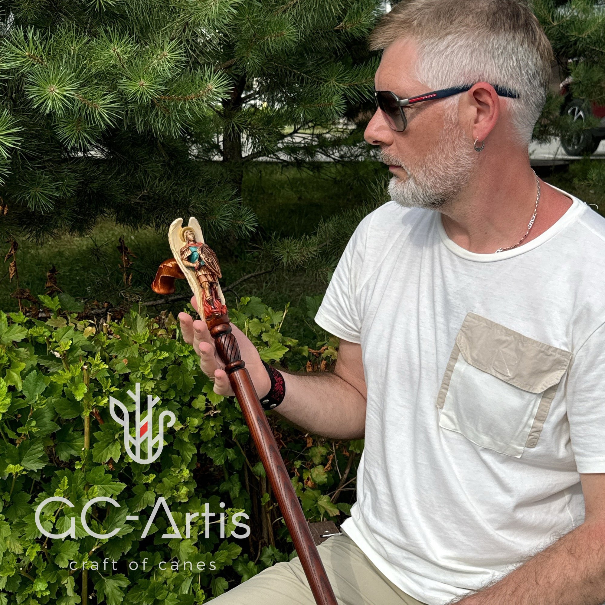 Hand painted Wooden Walking Stick Cane Saint Archangel Michael