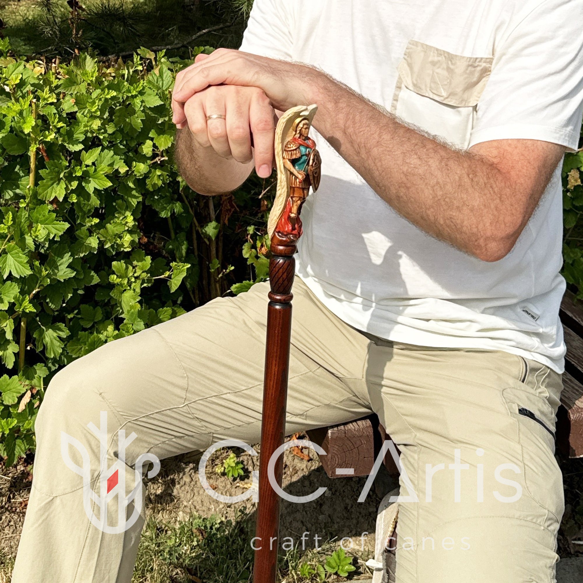 Hand painted Wooden Walking Stick Cane Saint Archangel Michael