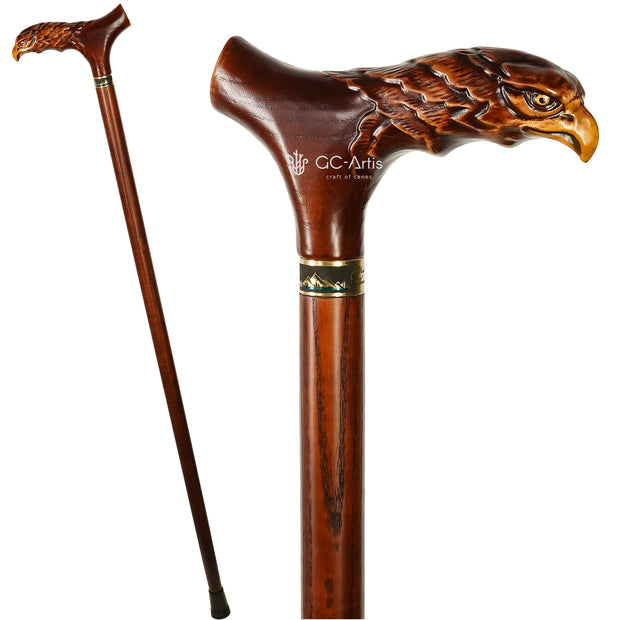 Wooden Cane Walking Stick Bald Eagle Dark
