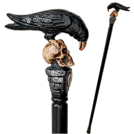 Black Crow & Skull Cane: Hand Carved Goth Wooden Walking Stick