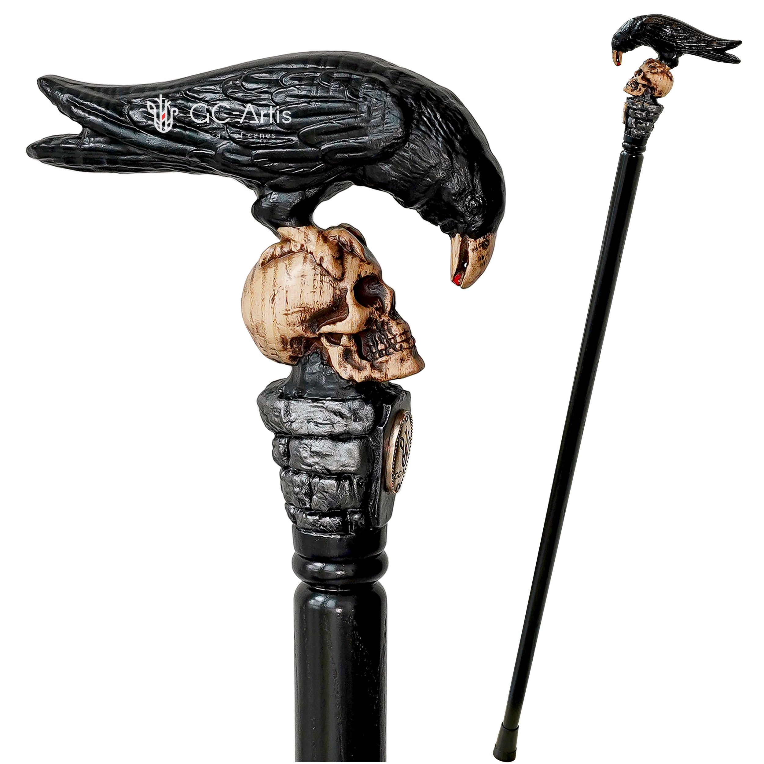Black Crow & Skull Cane: Hand Carved Goth Wooden Walking Stick