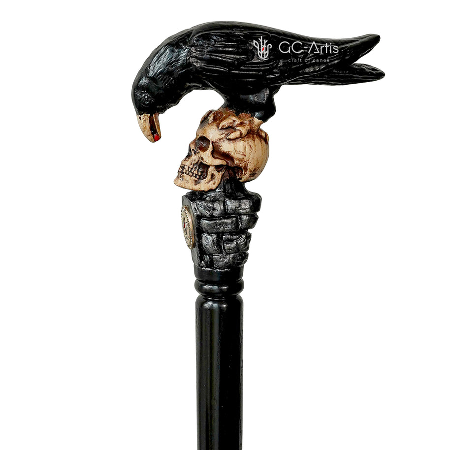 Black Crow & Skull Cane: Hand Carved Goth Wooden Walking Stick