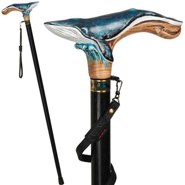 Wooden Cane Walking Stick Blue Whale Sea Style