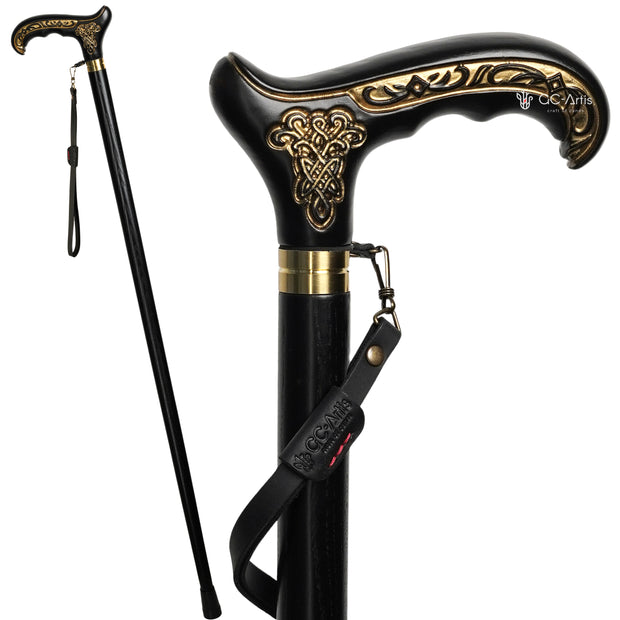 Canne de marche Derby en bois de style celtique noir et or