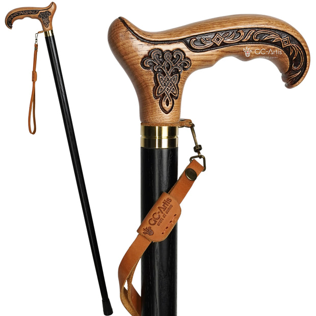 Light Wooden Cane Walking Stick with Celtic Ornament